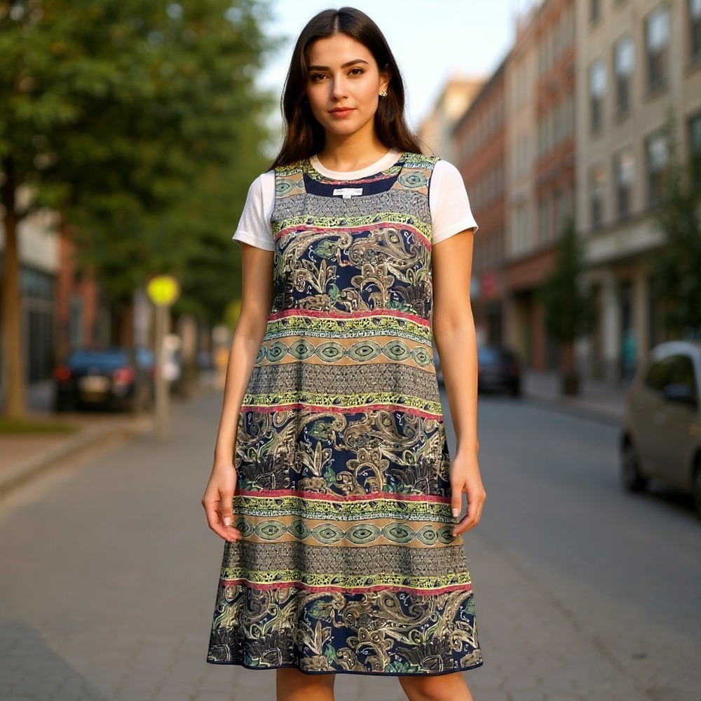Valerie Stevens II Womens 20W Pure Silk Paisley Geometric Sleeveless Midi NWT